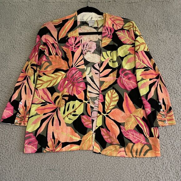 Chico’s Tropical Leaves Print 3/4 Sleeve Open Front Lightweight Cardigan Small - Picture 1 of 7